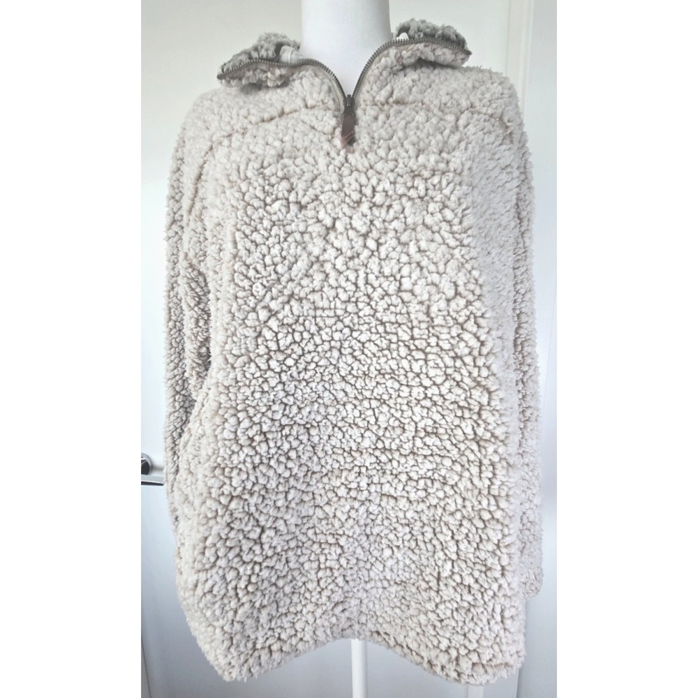 Thread & Supply Beige Sherpa Fleece 1/4 Zip Pullover Sweater M Cotton Preppy